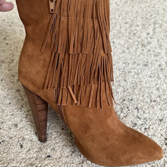 Steve Madden Faux Suede Fringe High Heel Ankle Boots Bootie Brown - Picture 8 of 9